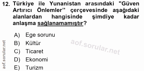 12. soru: Türkiye ile Yunanistan arasındaki "Güven Artırıcı Önlemler" çerçevesinde aşağıdaki alanlardan hangisinde şimdiye kada…