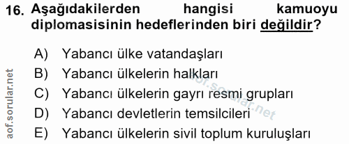 16. soru: Aşağıdakilerden hangisi kamuoyu diplomasisinin hedeflerinden biri değildir? A) Yabancı ülke vatandaşları B) Yabancı ü…
