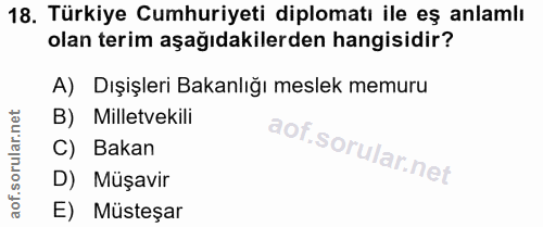 18. soru: Türkiye Cumhuriyeti diplomatı ile eş anlamlı olan terim aşağıdakilerden hangisidir? A) Dışişleri Bakanlığı meslek mem…