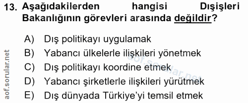 13. soru: Aşağıdakilerden hangisi Dışişleri Bakanlığının görevleri arasında değildir? A) Dış politikayı uygulamak B) Yabancı ül…