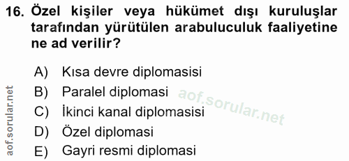 16. soru: Özel kişiler veya hükümet dışı kuruluşlar tarafından yürütülen arabuluculuk faaliyetine ne ad verilir? A) Kısa devre…