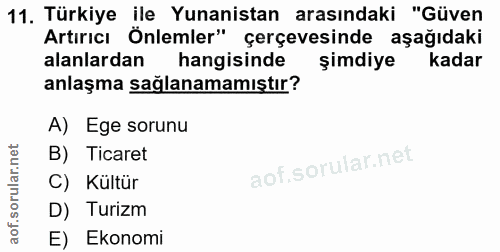 11. soru: Türkiye ile Yunanistan arasındaki "Güven Artırıcı Önlemler" çerçevesinde aşağıdaki alanlardan hangisinde şimdiye kada…
