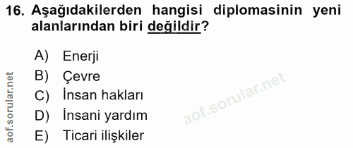 16. soru: Aşağıdakilerden hangisi diplomasinin yeni alanlarından biri değildir? A) Enerji B) Çevre C) Insan hakları D) Insani y…