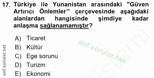 17. soru: Türkiye ile Yunanistan arasındaki "Güven Artırıcı Önlemler" çerçevesinde aşağıdaki alanlardan hangisinde şimdiye kada…
