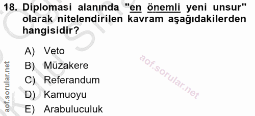 18. soru: Diplomasi alanında "en önemli yeni unsur" olarak nitelendirilen kavram aşağıdakilerden hangisidir? A) Veto B) Müzaker…