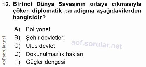 12. soru: Birinci Dünya Savaşının ortaya çıkmasıyla çöken diplomatik paradigma aşağıdakilerden hangisidir? A) Böl yönet B) Şehi…