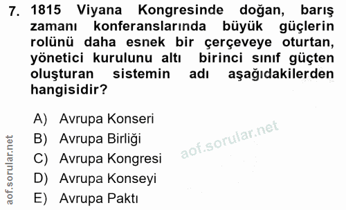 7. soru: 1815 Viyana Kongresinde doğan, barış zamanı konferanslarında büyük güçlerin rolünü daha esnek bir çerçeveye oturtan,…