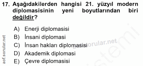 17. soru: Aşağıdakilerden hangisi 21. yüzyıl modern diplomasisinin yeni boyutlarından biri değildir? A) Enerji diplomasisi C) I…