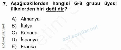 7. soru: Aşağıdakilerden hangisi G-8 grubu üyesi ülkelerden biri değildir? A) Almanya B) Italya C) Kanada D) İspanya E) Fransa