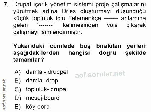 7. soru: Drupal içerik yönetim sistemi proje çalışmalarını yürütmek adına Dries oluşturmayı düşündüğü küçük topluluk için Fele…
