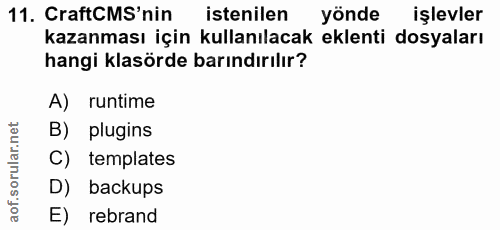11. soru: CraftCMS'nin istenilen yönde işlevler kazanması için kullanılacak eklenti dosyaları hangi klasörde barındırılır? A) r…