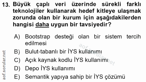 13. soru: Büyük çaplı veri üzerinde sürekli farklı teknolojiler kullanarak hedef kitleye ulaşmak zorunda olan bir kurum için aş…