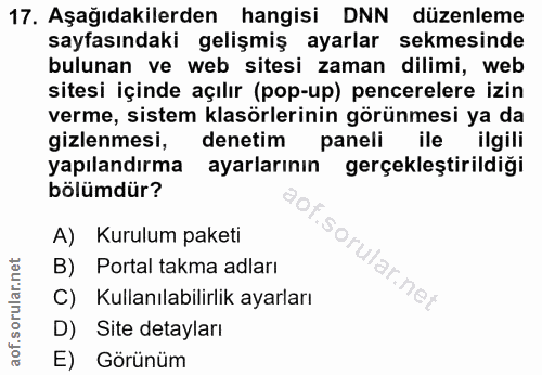 17. soru: Aşağıdakilerden hangisi DNN düzenleme sayfasındaki gelişmiş ayarlar sekmesinde bulunan ve web sitesi zaman dilimi, we…