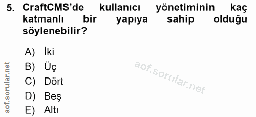 5. soru: CraftCMS de kullanıcı yönetiminin kaç katmanlı bir yapıya sahip olduğu söylenebilir? A) iki B) Uç C) Dört D) Beş E) Altı