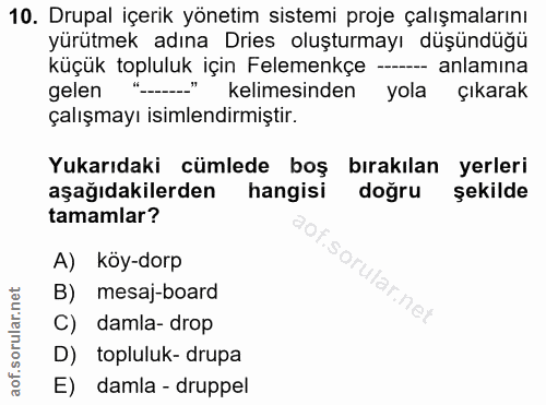 10. soru: Drupal içerik yönetim sistemi proje çalışmalarını yürütmek adına Dries oluşturmayı düşündüğü küçük topluluk için Fele…