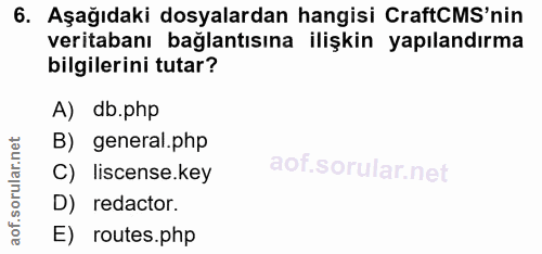 6. soru: Aşağıdaki dosyalardan hangisi CraftCMS'nin veritabanı bağlantısına ilişkin yapılandırma bilgilerini tutar? A) db.php…