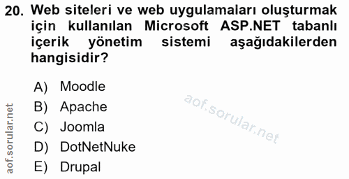 20. soru: Web siteleri ve web uygulamaları oluşturmak için kullanılan Microsoft ASP.NET tabanlı içerik yönetim sistemi aşağıdak…