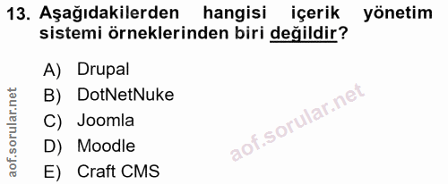 13. soru: Aşağıdakilerden hangisi içerik yönetim sistemi örneklerinden biri değildir? A) Drupal B) DotNetNuke C) Joomla D) Mood…