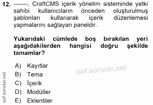 12. soru: -, CraftCMS içerik yönetim sisteminde yetki sahibi kullanıcıların önceden oluşturulmuş şablonları kullanarak içerik d…