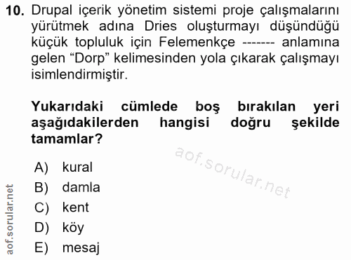 10. soru: Drupal içerik yönetim sistemi proje çalışmalarını yürütmek adına Dries oluşturmayı düşündüğü küçük topluluk için Fele…
