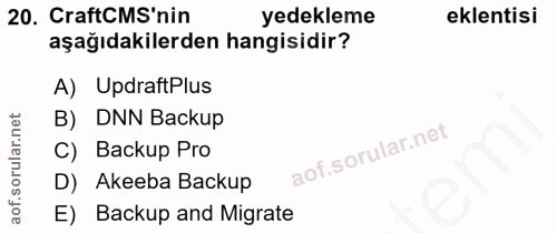 20. soru: CraftCMS'nin yedekleme eklentisi aşağıdakilerden hangisidir? A) UpdraftPlus B) DNN Backup C) Backup Pro D) Akeeba Bac…