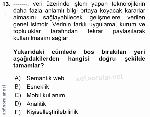 13. soru: —, veri üzerinde işlem yapan teknolojilerin daha fazla anlamlı bilgi ortaya koyacak kararlar almasını sağlayabilecek…