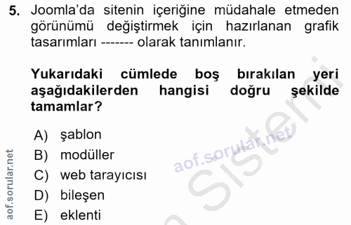 5. soru: Joomla'da sitenin içeriğine müdahale etmeden görünümü değiştirmek için hazırlanan grafik tasarımları ------ olarak ta…