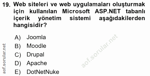 19. soru: Web siteleri ve web uygulamaları oluşturmak için kullanılan Microsoft ASP.NET tabanlı içerik yönetim sistemi aşağıdak…