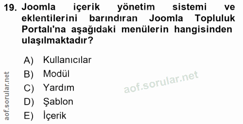 19. soru: Joomla içerik yönetim sistemi ve eklentilerini barındıran Joomla Topluluk Portalı'na aşağıdaki menülerin hangisinden…