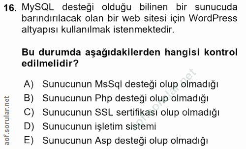 16. soru: MySQL desteği olduğu bilinen bir sunucuda barındırılacak olan bir web sitesi için WordPress altyapısı kullanılmak ist…