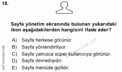 18. soru: Sayfa yönetim ekranında bulunan yukarıdaki ikon aşağıdakilerden hangisini ifade eder? A) Sayfa herkese görünür. B) Sa…
