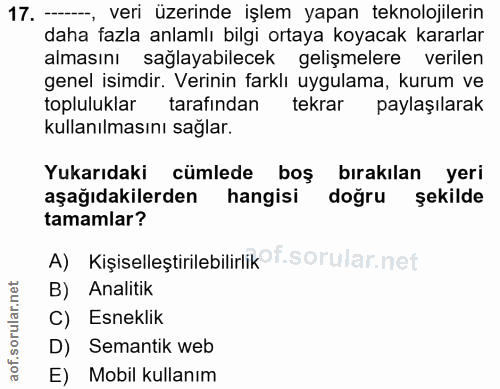 17. soru: -, veri üzerinde işlem yapan teknolojilerin daha fazla anlamlı bilgi ortaya koyacak kararlar almasını sağlayabilecek…
