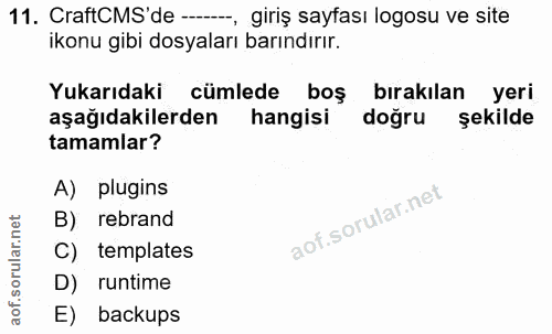 11. soru: CraftCMS'de ---, giriş sayfası logosu ve site ikonu gibi dosyaları barındırır. Yukarıdaki cümlede boş bırakılan yeri…