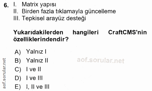6. soru: 1. Matrix yapısı II. Birden fazla tıklamayla güncelleme Ill. Tepkisel arayüz desteği Yukarıdakilerden hangileri Craft…