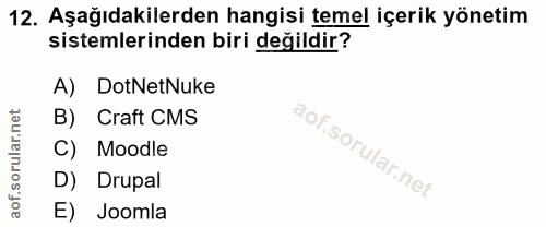 12. soru: Aşağıdakilerden hangisi temel içerik yönetim sistemlerinden biri değildir? A) DotNetNuke B) Craft CMS C) Moodle D) Dr…