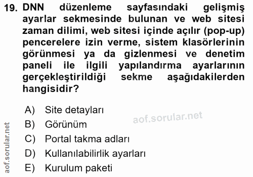 19. soru: DNN düzenleme sayfasındaki gelişmiş ayarlar sekmesinde bulunan ve web sitesi zaman dilimi, web sitesi içinde açılır (…