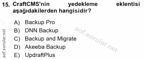 15. soru: CraftCMS'nin yedekleme eklentisi aşağıdakilerden hangisidir? A) Backup Pro B) DNN Backup C) Backup and Migrate D) Ake…