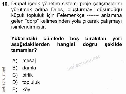 10. soru: Drupal içerik yönetim sistemi proje çalışmalarını yürütmek adına Dries, oluşturmayı düşündüğü küçük topluluk için Fel…