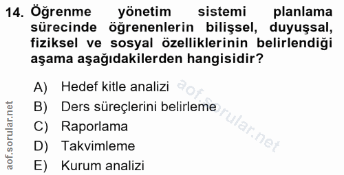 14. soru: Öğrenme yönetim sistemi planlama sürecinde öğrenenlerin bilişsel, duyuşsal, fiziksel ve sosyal özelliklerinin belirle…