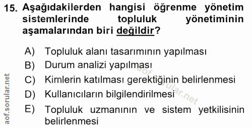 15. soru: Aşağıdakilerden hangisi öğrenme yönetim sistemlerinde topluluk yönetiminin aşamalarından biri değildir? A) Topluluk a…