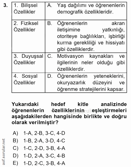 3. soru: 1. Bilişsel A. Yaş dağılımı ve öğrenenlerin Özellikler demografik özellikleridir. 2. Fiziksel B. Öğrenenlerin akran Ö…