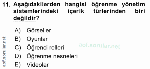11. soru: Aşağıdakilerden hangisi öğrenme yönetim sistemlerindeki içerik türlerinden biri değildir? A) Görseller B) Oyunlar C)…