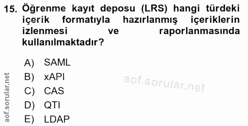 15. soru: Öğrenme kayıt deposu (LRS) hangi türdeki içerik formatıyla hazırlanmış içeriklerin izlenmesi ve raporlanmasında kulla…