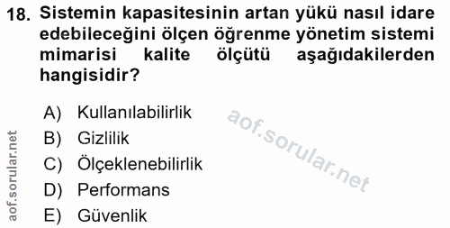 18. soru: Sistemin kapasitesinin artan yükü nasıl idare edebileceğini ölçen öğrenme yönetim sistemi mimarisi kalite ölçütü aşağ…