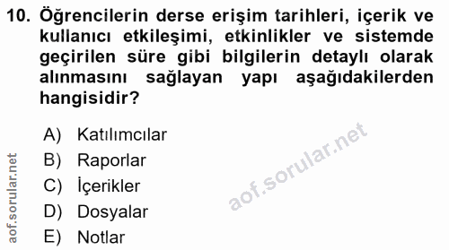 10. soru: Öğrencilerin derse erişim tarihleri, içerik ve kullanıcı etkileşimi, etkinlikler ve sistemde geçirilen süre gibi bilg…