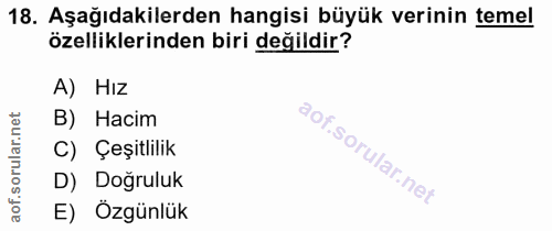 18. soru: Aşağıdakilerden hangisi büyük verinin temel özelliklerinden biri değildir? A) Hız rular.net B) Hacim C) Çeşitlilik D)…