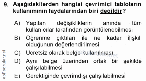 9. soru: Aşağıdakilerden hangisi çevrimiçi tabloların kullanımının faydalarından biri değildir? A) Yapılan değişikliklerin anı…