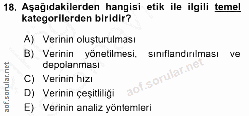 18. soru: Aşağıdakilerden hangisi etik ile ilgili temel kategorilerden biridir? A) Verinin oluşturulması B) Verinin yönetilmesi…