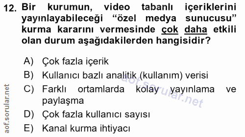12. soru: Bir kurumun, video tabanlı içeriklerini yayınlayabileceği "özel medya sunucusu" kurma kararını vermesinde çok daha et…