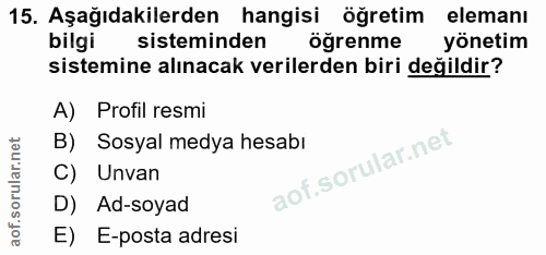 15. soru: Aşağıdakilerden hangisi öğretim elemanı bilgi sisteminden öğrenme yönetim sistemine alınacak verilerden biri değildir…